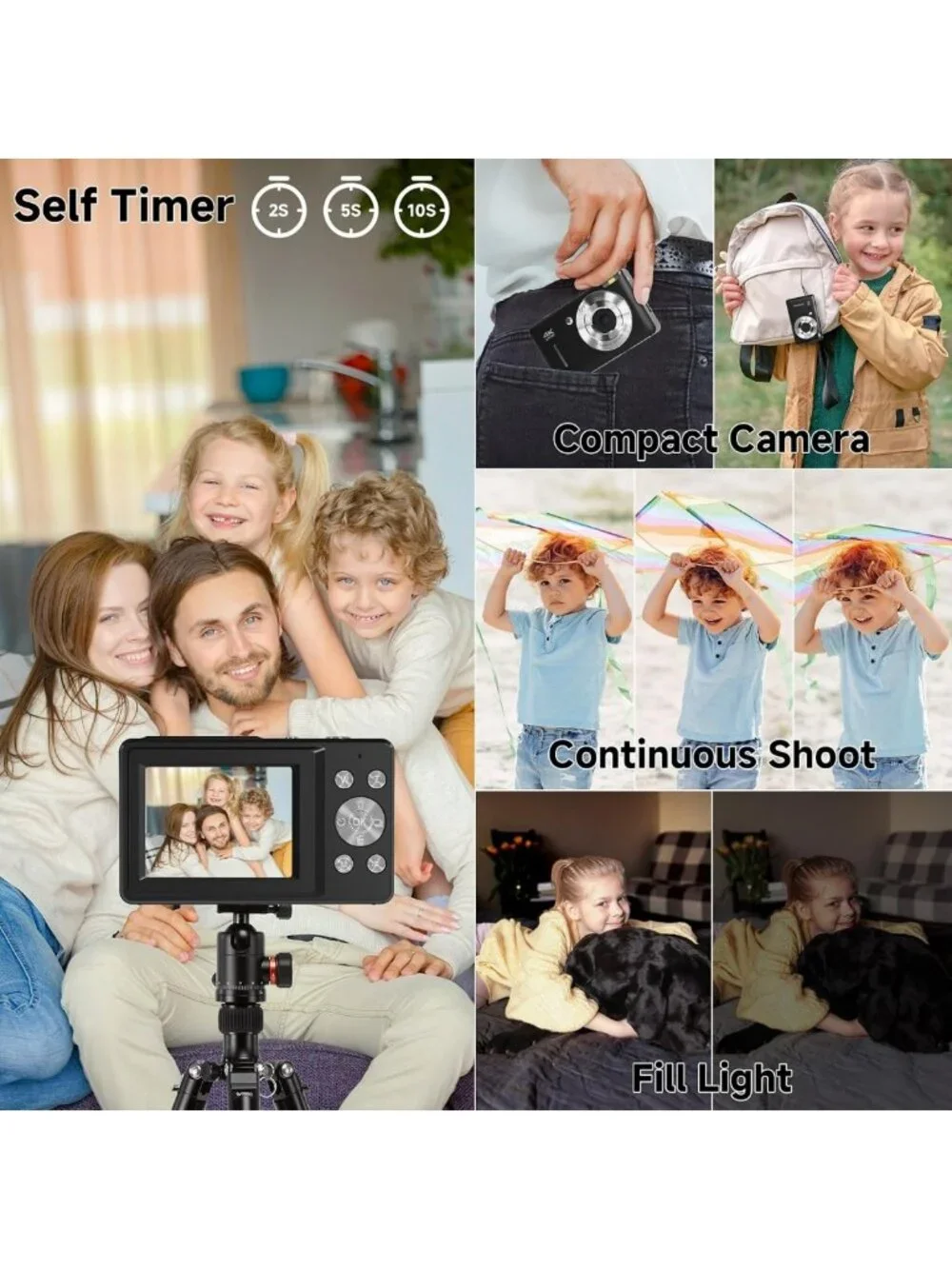 44MP Compact Digital Camera, FHD 1080P, 16X Zoom, Face Detection, Anti-Shake